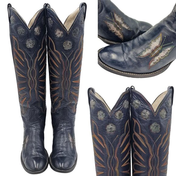 Cutter Bill Western World Shoes - Vintage 1970s CUTTER BILL Cowgirl Boots 6B Navy Rainbow Leather Butterfly Cowboy